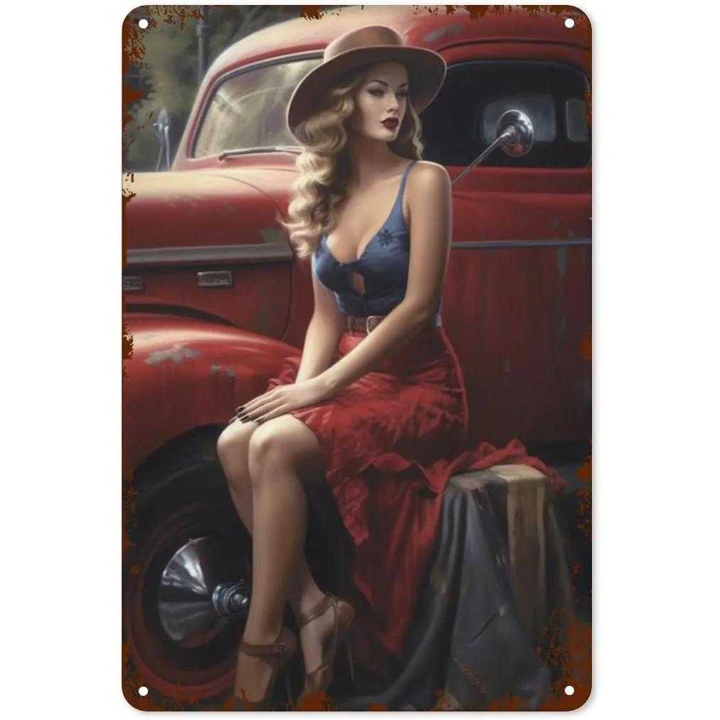 

Pinup Car Girls Metal Tin Signs Plaque Wall Decoration Vintage Art Posters Iron Painting for Man Cave Home Cafe Garden Club B 20x30cm
