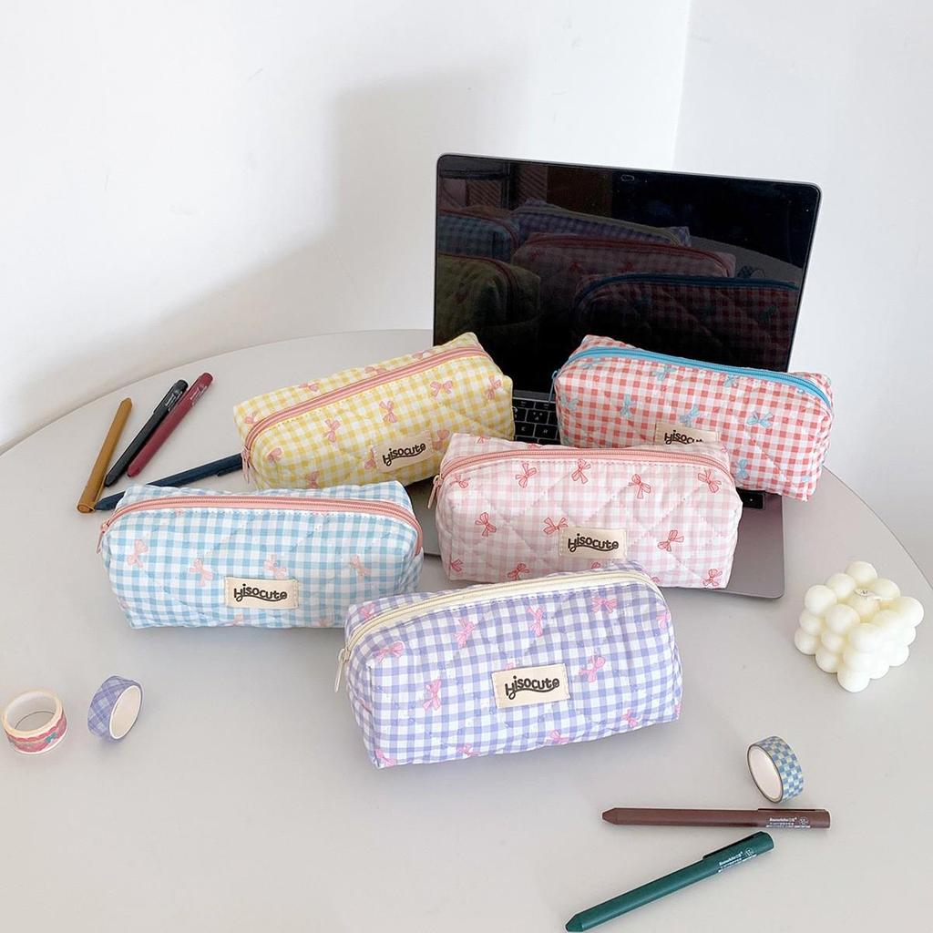 Plaid Bow Makeup and Pencil Case - Stylish and Portable Toiletry and Storage Bag for Students