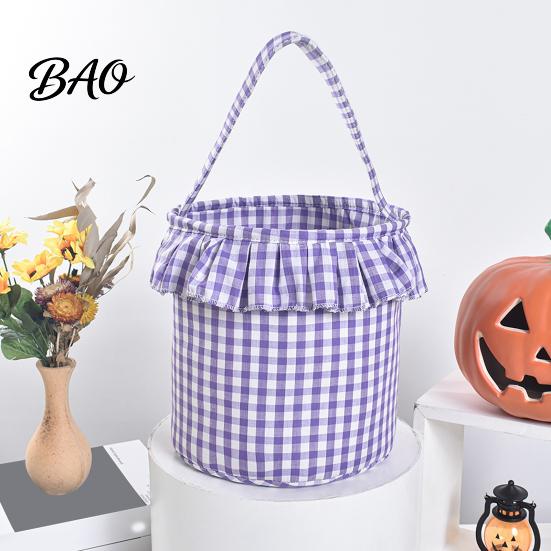 Versatile Household Storage Halloween Basket, Plaid Ruffle Trick or Treat Candy Bucket with Handle Home Organization Baskets for Kids, Reusable