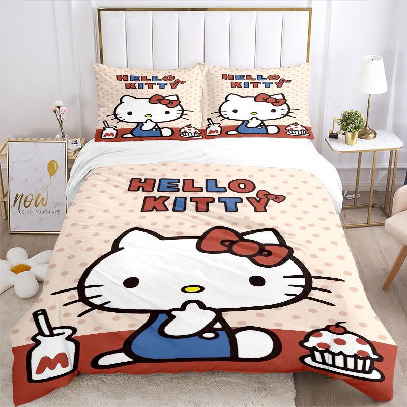3pcs Milk Cake & Hello Kitty Design Bedding Set Includes Quilt Cover and Pillowcases, Suitable for All Seasons, Machine Washable Ideal Gift W060