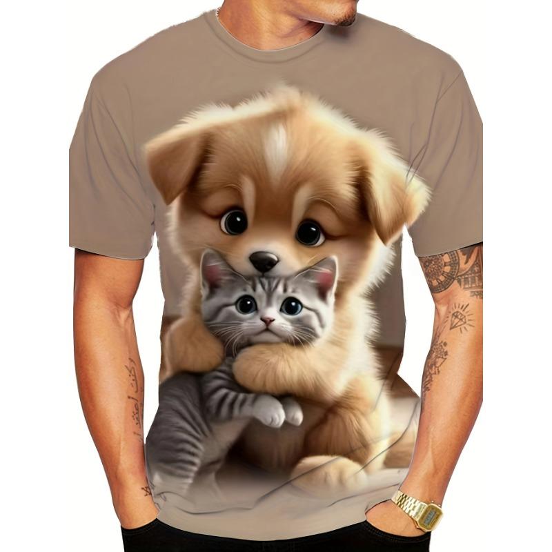 Men S 3D Digital Print Cute Pomeranian & Puppy T-Shirt - Slim Fit, S