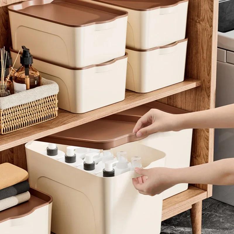 Plastic Storage Box with Cover Stackable Sundries Toy Organizer Closet Wardrobe Desk Organizers Clothes Kitchen Storage Baskets