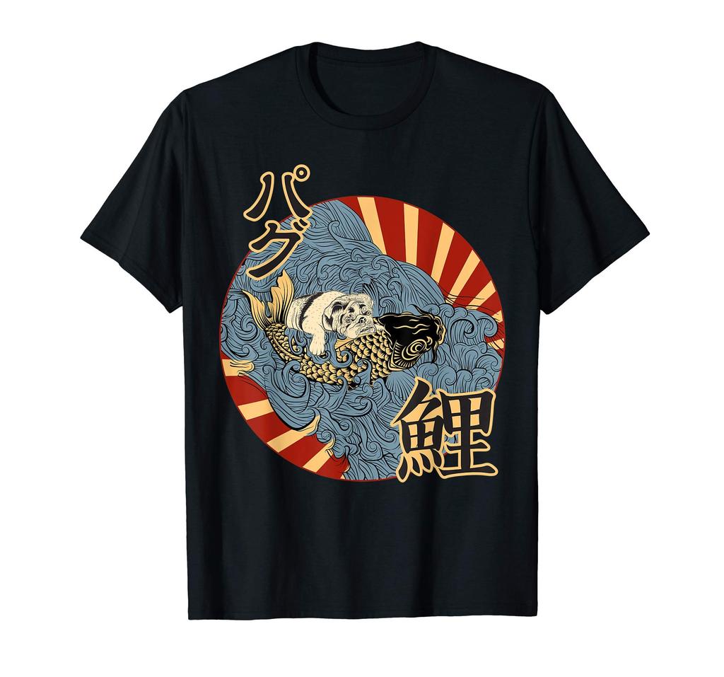 Pug riding a carp through the waves Japanese vintage painting T-Shirt