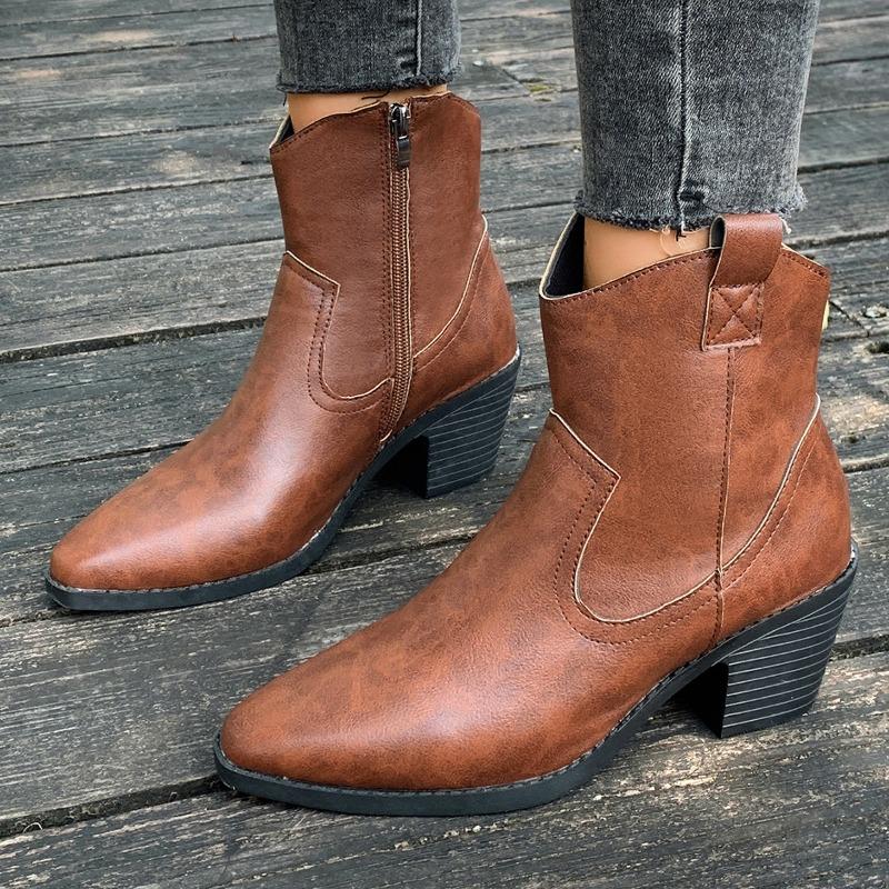 Women's Pointed Toe Ankle Boots, Chunky Heel Chelsea Martin Boots, PU Leather Wholesale Booties in Stock