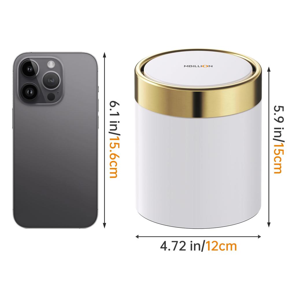 Mbillion Tabletop Trash Trash Can with Sanitary Raw Trash Mini Round Trash 360 Degree Stainless Steel Dust White Garbage Can, Small, Stylish, Lid,