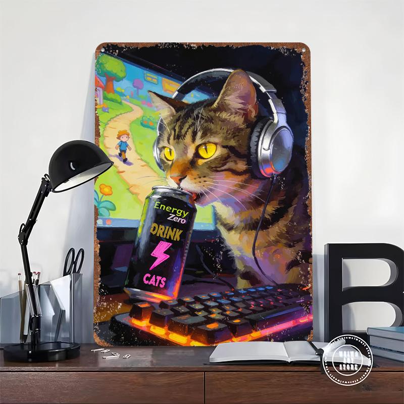 Gamer Cat With Energy Drink Tin Plaque Poster Customized Wall Art Retro Vintage Metal Signs for Man Cave Desk Decor Coffee Bar