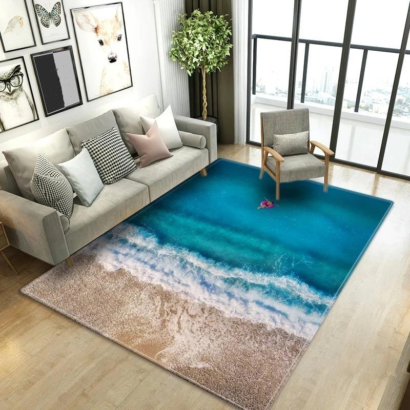 Seaside Style Carpet Ocean Wave Pattern Blue Green Color Washable Rug for Living Room Bathroom Coastal Home Decor