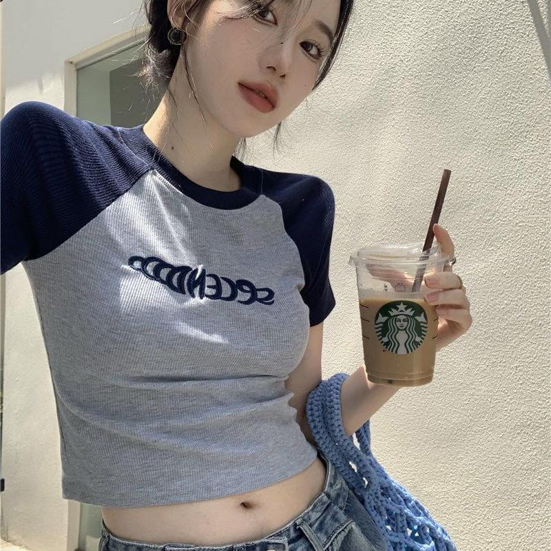 Y2K Women T Shirt Patchwork Letter Slim Fit Crop Tops Streetwear Casual Korean Fashion Short Sleeve Tshirts Bae Female Tees