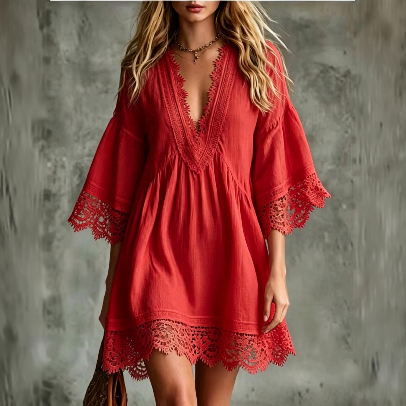 Elegantes Damen-Midi-Kleid mit V-Ausschnitt, Spitzen-Patchwork, für Cocktail-Abendparty-Anlässe XL rot