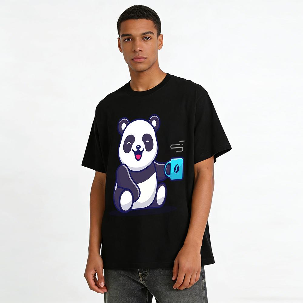 Cute Panda Selfie Print Casual Loose Crew Neck T-Shirts For All Ages Pure cotton T-shirt