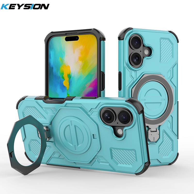 KEYSION Shockproof Magnetic Case for iPhone 16 Pro Max Upright Live Metal Ring Stand Phone Cover for iPhone 15 Pro Max