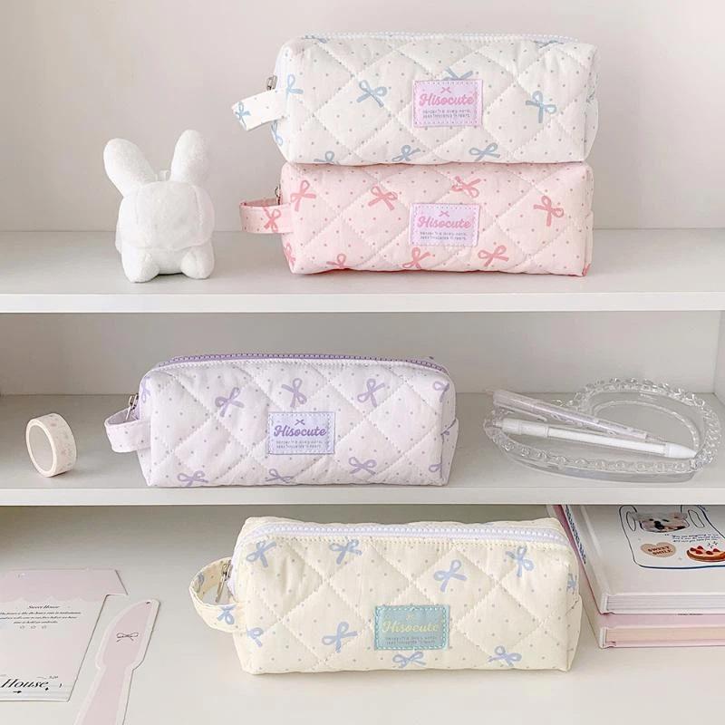 Polka Dots Bow Pencil Bag Large Capacity Multi-Function Stationery Storage for School Office Travel Cosmetic Organizer