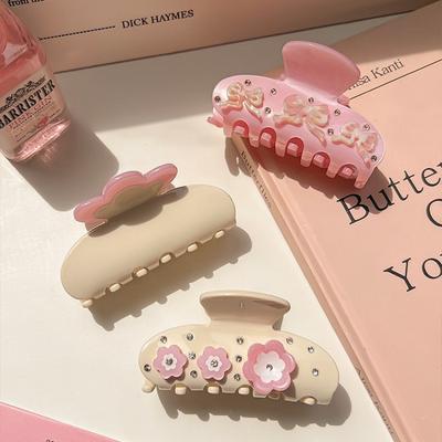 1pc Acetate Sweet Rhinestone Flowers Grab Clip Half-tied Medium Hairpin Temperament and Versatile Headwear