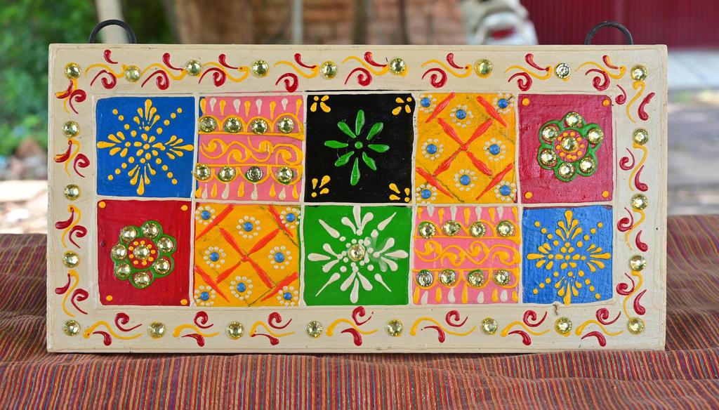 Indian Folk Art Mirror Work Wood Wall Panel: Hand-Painted Ethnic Decor