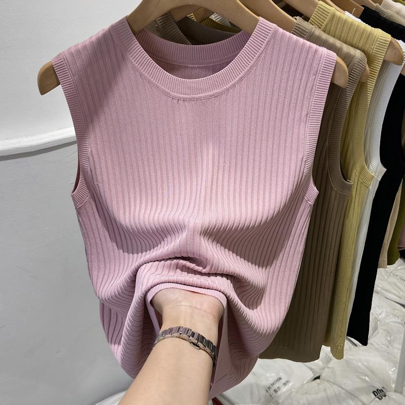 Mode 2024 Nouveaux Débardeurs Tricotés d'Été Sans Manches Femmes Col O Slim Blanc Noir Débardeurs Tricotés Femmes Tops JJ44