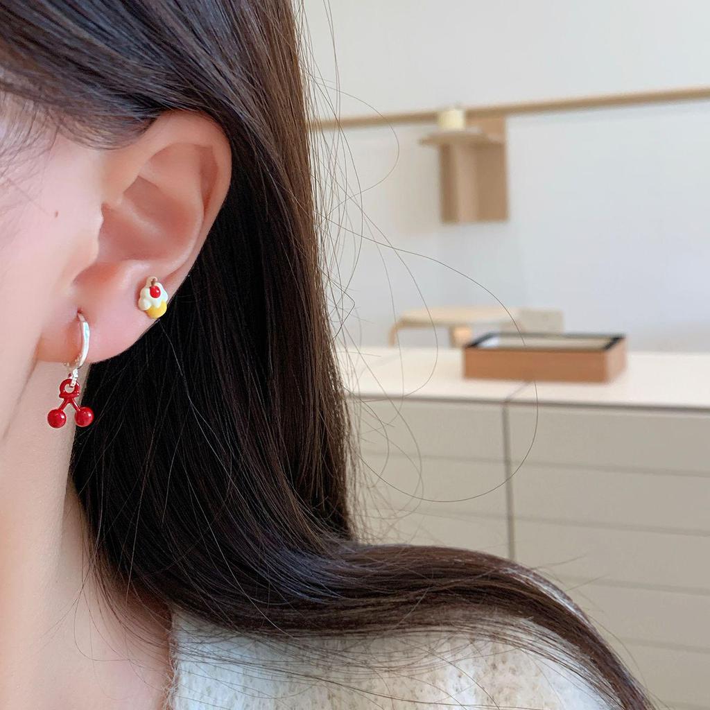 Christmas Red Apple & Cherry Stud Earrings - Women's Silver Needle Autumn/Winter Fruit Jewelry Set