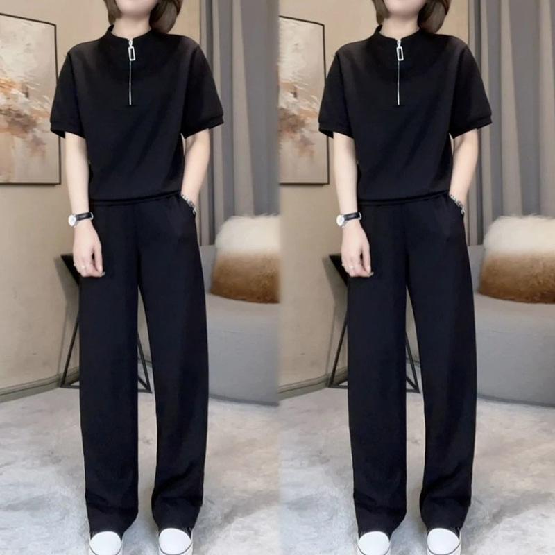 Button-down Casual Sports Outfit for Women, Summer Fashion Set, Straight-leg Pants, Loose Fit, Slimming Two-piece Set