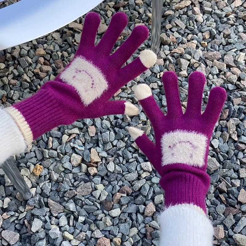 Korean Style Cute Smiling Face Knitted Wool Gloves for Women with Thick Fingers Solid Color Touch Screen Warm and Cold Proof Gloves