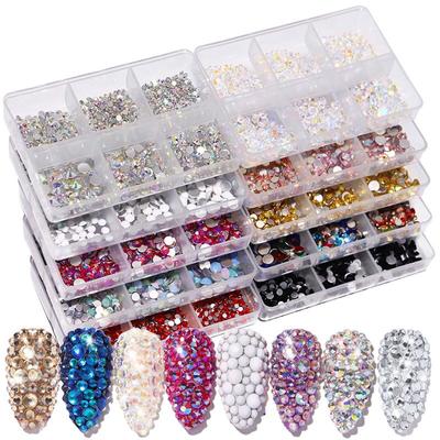 6 Grids/box Mixed Size Flatback Nail Rhinestone Crystal Glass Nail Jewelry Nail Decoration SS6-SS20