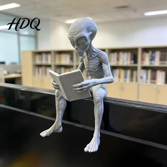 Cool Alien Figurine 3D Printed Reading Ornament Creative Sitting Unique Sculpture Sculpture