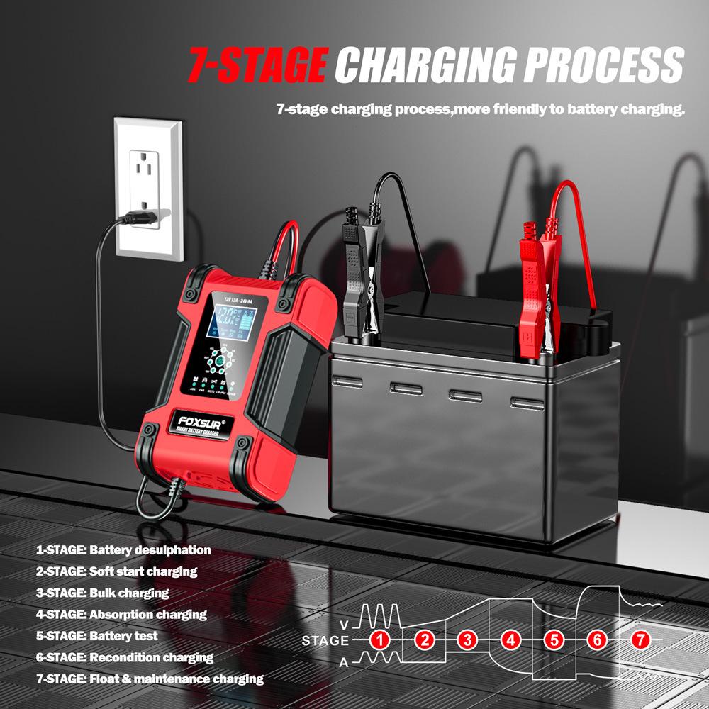 12A 7-Stage AGM & Lithium-Iron Battery Charger for 12V/24V Motorcycles & Cars