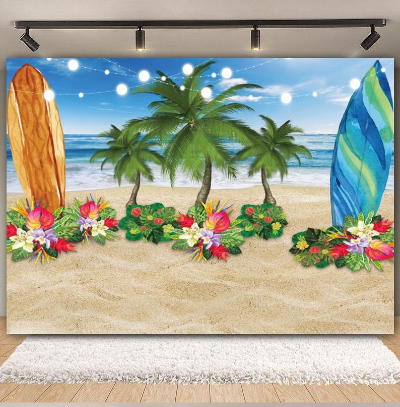 Tropischer Strand Hintergrund für Fotografie Sommer Hawaii Blaues Ozeanwasser Meeresufer Palme Kinder Feiertagsparty Foto Hintergrund Dekoration