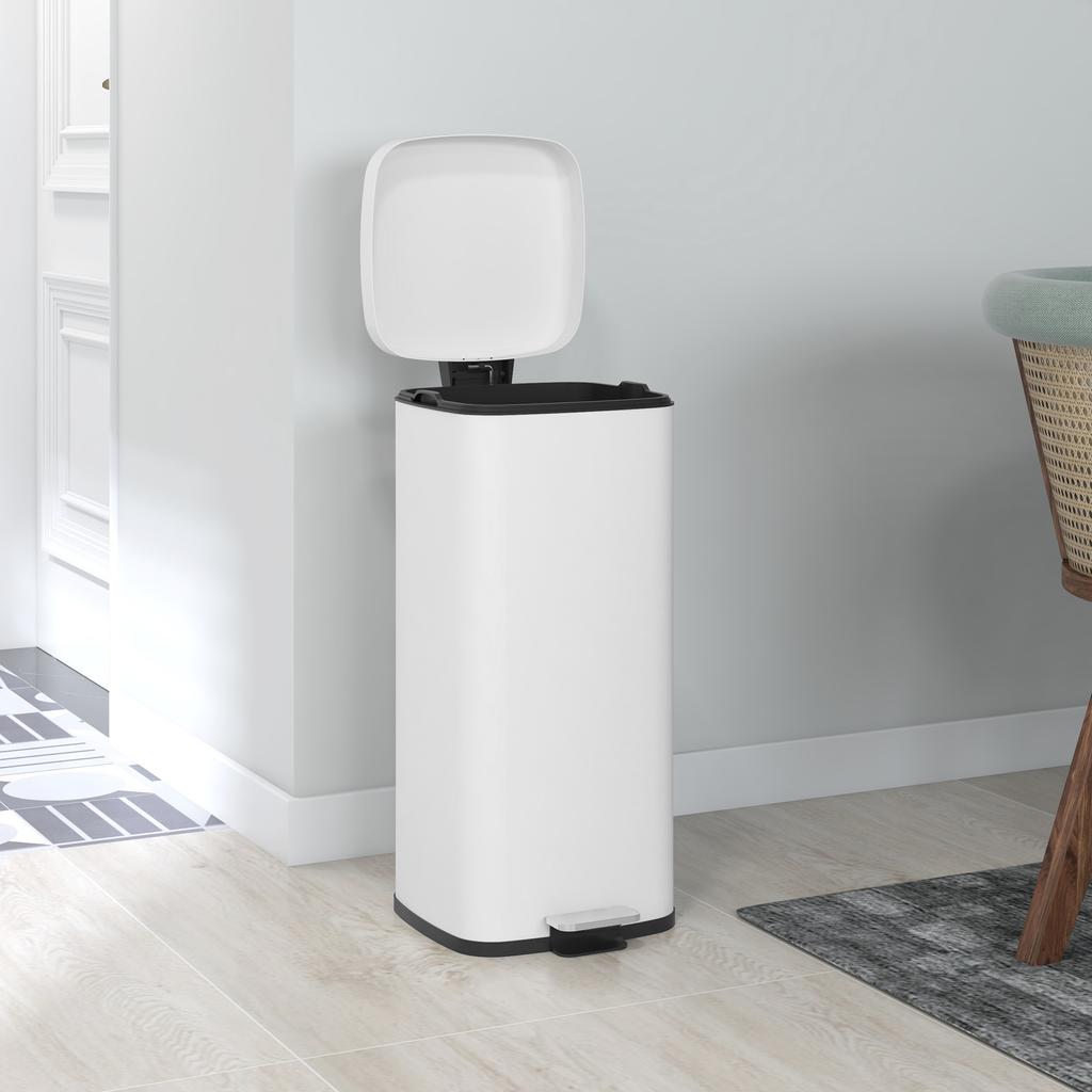 Trash Can 30L, Soft-Close Lid, Fingerprint-Proof, Foot Pedal, Metal/Plastic, 28x35x63.5 Cm, White