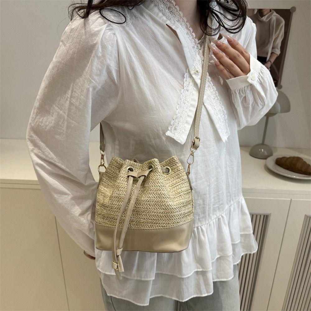 Bohemian Style Raffia Bag Woven Drawstring Bucket Bag Simple Weave Straw Crossbody Bag Holiday