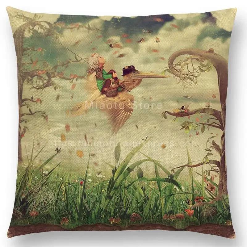 Latest Mysterious Imagine Animals Cushion Cover Forest Raven Fantasy Clouds Sky Moon Stars Earth Dream Girl Prints  Pillow Case