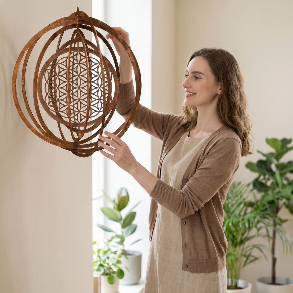 Iron Colored Wind Turbine 3D Rotating Circular Hollow Wind Vane Wind Chime Hanging Ornament