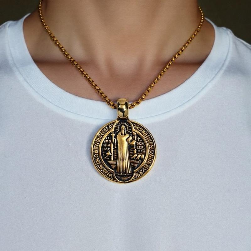 Men Necklace with Double Sided Saint Benedict Symbol Retro Religious Neckchain Alloy Clavicle Chain Fashion Accessory