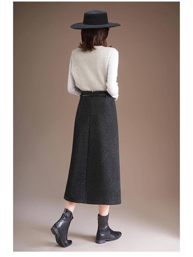 Damen Midirock in A-Linie aus dicker Wolle, Grau - Winterstyle 2025, Stilvoller Schlitz
