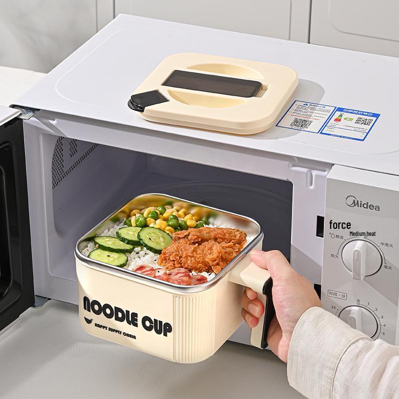 Large Capacity 304 Stainless Steel Instant Noodle Bowl with Lid and Spoon Set for Dorm Use