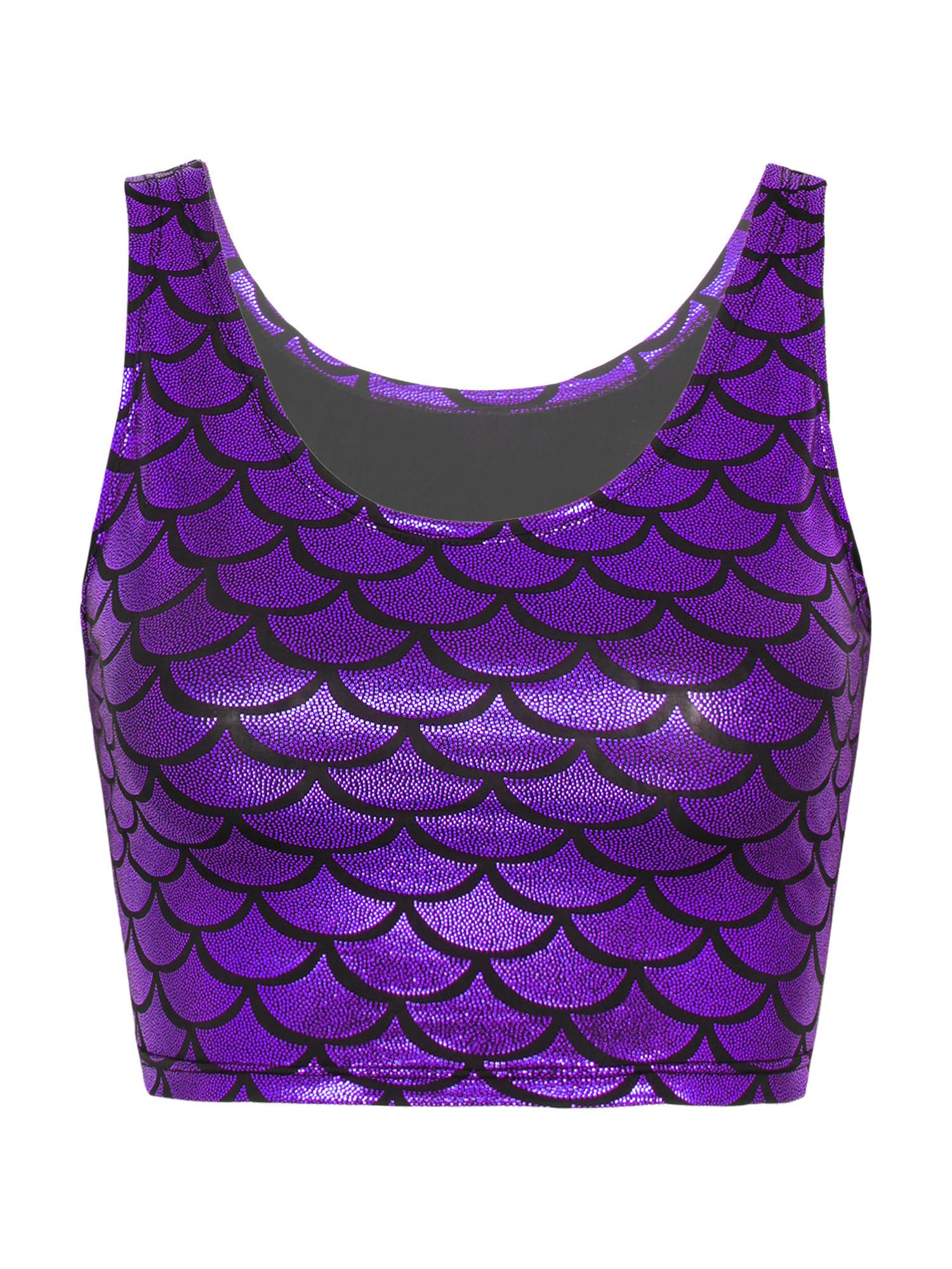 

Женская блестящая майка Rave Festival в масштабе русалки для тренажерного зала, фитнеса, спортивного укороченного топа One Size фиолетовый