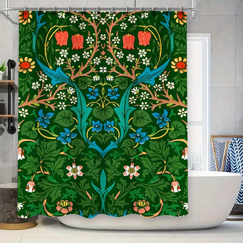 Unique Artistic Shower Curtain Waterproof Decorative for Bathroom Fabric Customized Size Floral Design Green Blue Yellow Orange