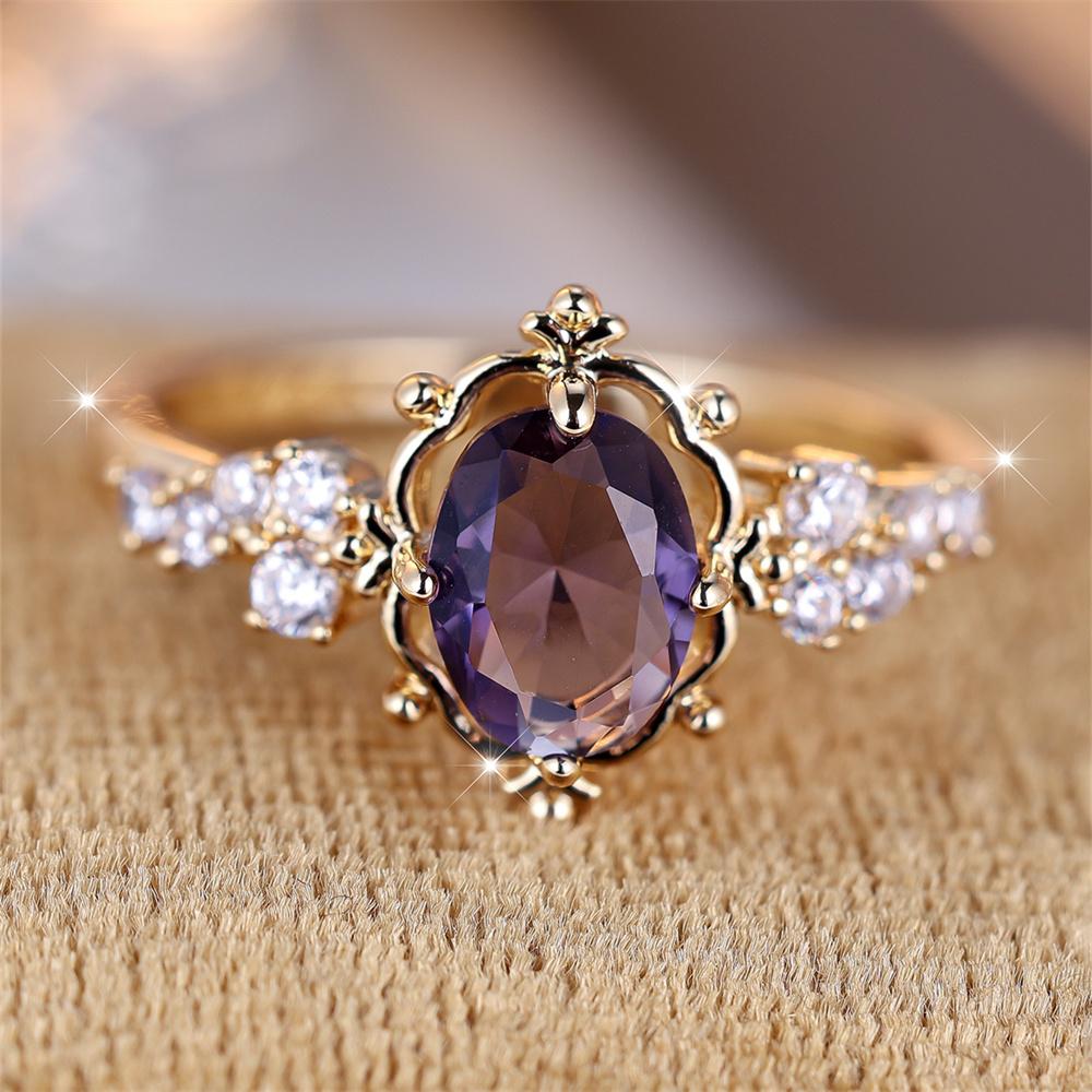 Trendy Purple Crystal Oval Stone Flower Rings For Women Vintage Gold Color Bridal Wedding Band Bithstone  Engagement Gift