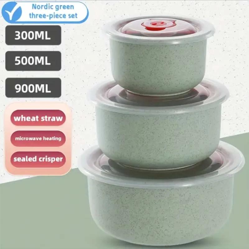 3PCS/Set Wheat Lunch Bowl Box Round Lunch Box With Lid Can Be Microwave Sealed Bowl Kitchen Supplies Storage Box