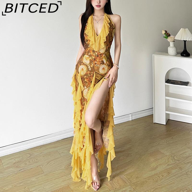 BITCED Sommer Sexy Rüschen Resort-Stil Neckholder Kleid für Frauen