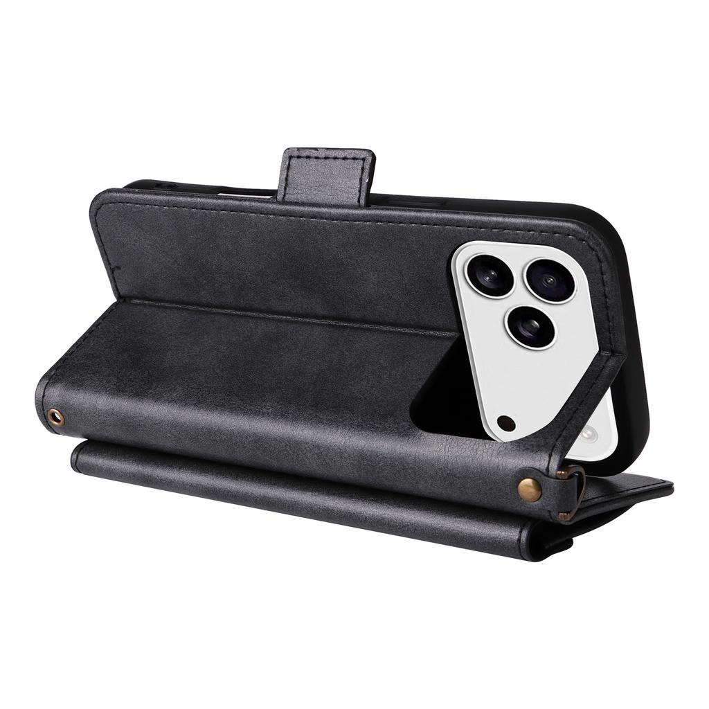 For iPhone 17 Pro Leather Case Magnetic Closure Wallet Stand Phone Cover with Crossbody Strap