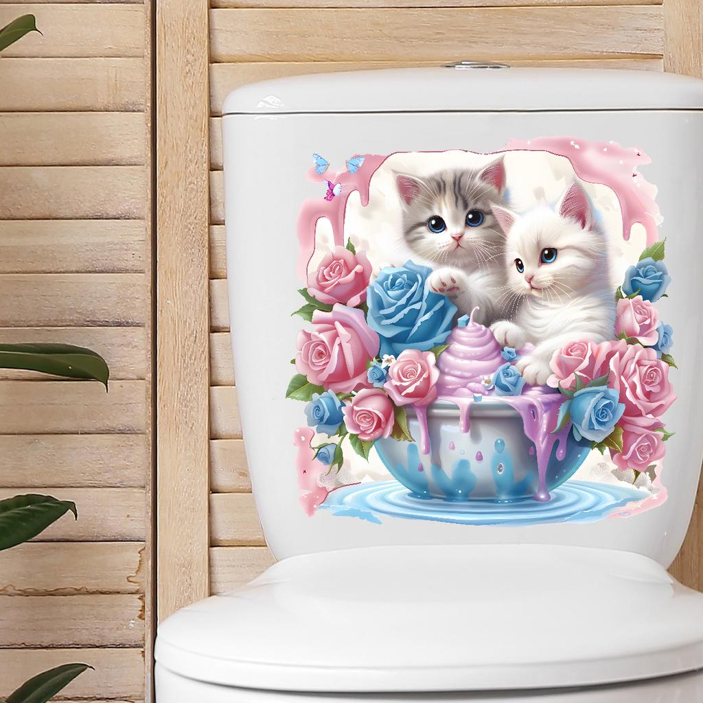Cat & Floral Animal Toilet Stickers, Waterproof Removable Self-Adhesive Bathroom Wall Decals