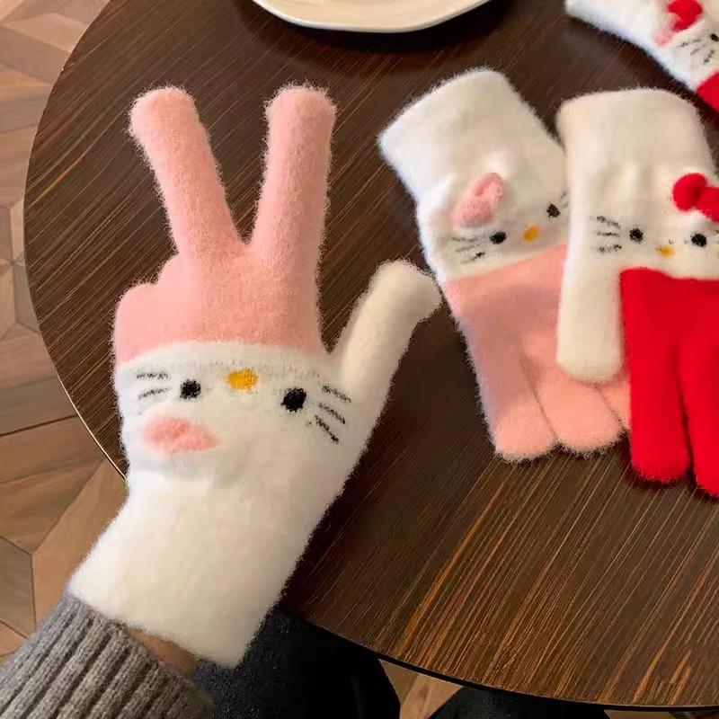Cute Cartoon Hello Kitty Plush Gloves Student Cycling Winter Warm Five-Finger Gloves  Accessories Holiday Gifts