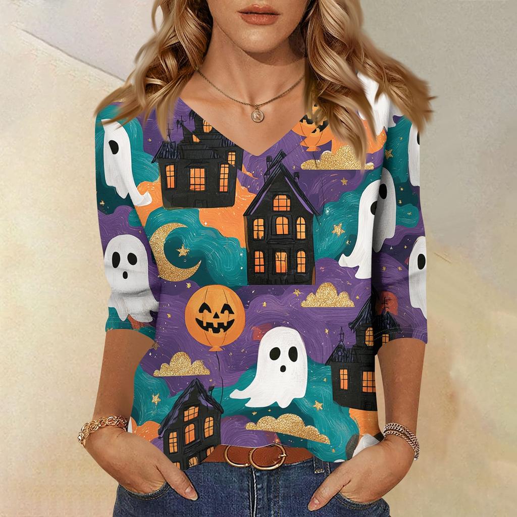 Women's Casual Halloween Print V Neck Three Quarter Sleeve Top Lightweight Loose Fit Pullover Shirt for Fall Seasonal Wear