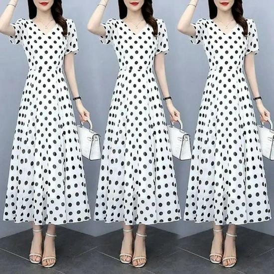 Léto 2025 Puntíkované šaty nad koleno: Nová Módní Zeštíhlující Pasová Midi