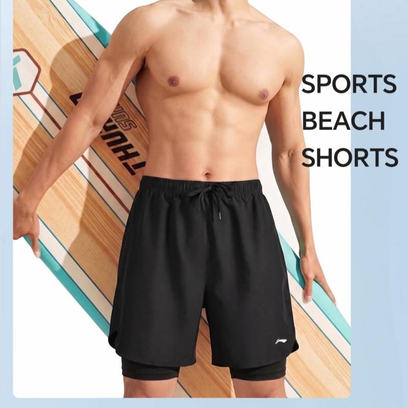 Li-Ning Quick-Dry Double-Layer Anti-Embarrassment Hot Spring Leisure Beach Shorts Unisex Shorts Black LN-LSKV607-1