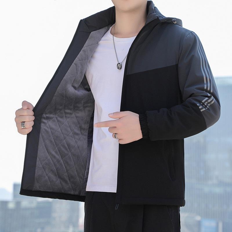 New men's velvet cotton-padded jacket with hooded multi-bag loose large-size youth casual cotton-padded jacket
