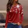 Women's Fashion Casual Slit Hem Round Neck Long Sleeve Loose Printed T-Shirt Ladies Top Christmas
