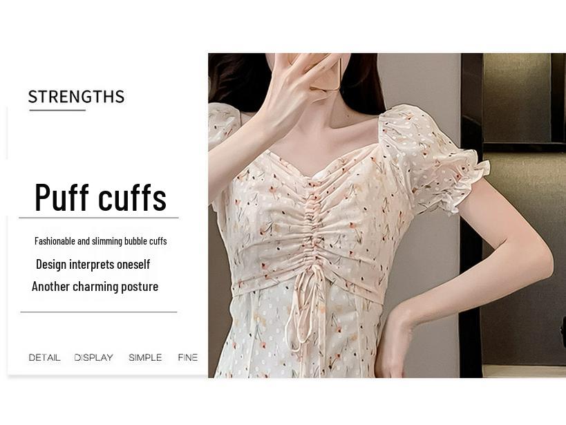 French Sweet Floral Chiffon Square Neck Dress for Women