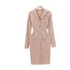 V Neck Long Sleeve Spring Fall Dress for Women Knee Length Knit Casual Regular Fit Sweater Dress Button Casual Cable Knit Sweater Dresses for Women