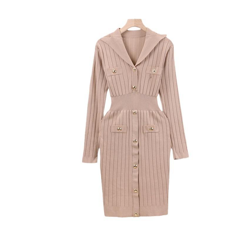 V Neck Long Sleeve Spring Fall Dress for Women Knee Length Knit Casual Regular Fit Sweater Dress Button Casual Cable Knit Sweater Dresses for Women
