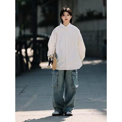 2024 Overalls Langarmhemd Japanischer Hong Kong Stil Ins Loses Hemd Jungen Sommer Trendy Vielseitiger Freizeitmantel